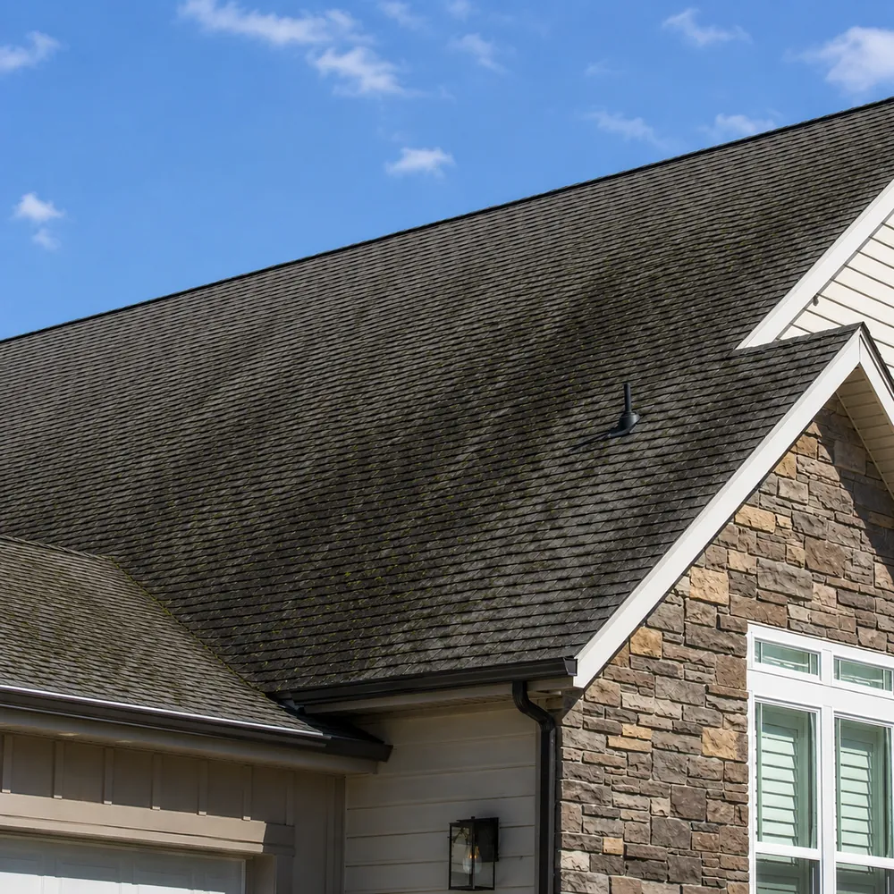 Before and after soft wash roof cleaning